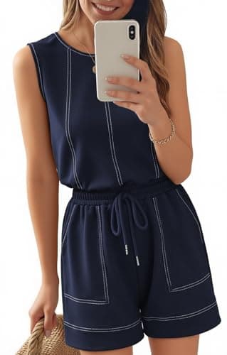 Theenkoln Womens Summer Sleeveless Rompers:Crewneck Adjustable Drawstring Waistband Beach Casual Outfits with Pockets Navy Blue Small - Image 1
