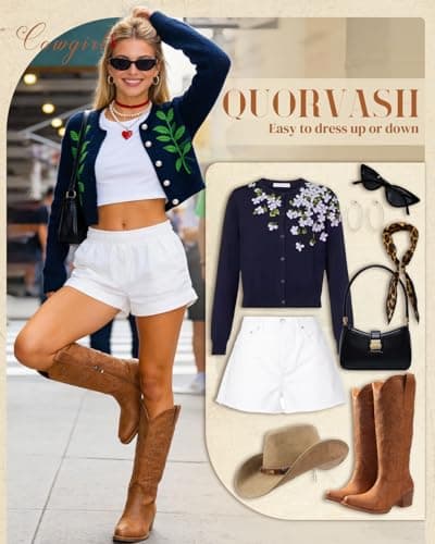 Quorvash Women's Wide Calf Cowboy Boots - Snip Toe Western Cowgirl Boots, Faux Leather Chunky Knee High Boots for Country Concerts & Nashville Outfits Brown Size 7.5 - Thumbnail 4