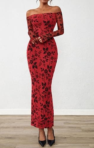 PRETTYGARDEN Womens Off The Shoulder Floral Maxi Bodycon Dress Fall Long Sleeve Mesh Fitted Long Formal Wedding Guest Dresses(Red,Medium) - Thumbnail 2