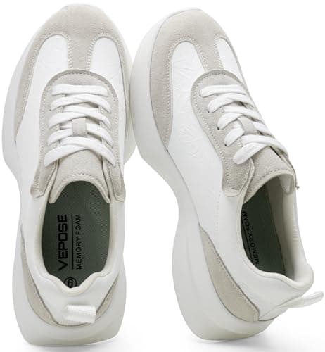 Vepose Women's Fashion Sneakers, White Grey Comfortable Lightweight Lace-up Casual Trainers with Arch Support, Trendy Chunky Heel 8216 Tennis Running Walking Shoes, Size 8(CJY8216 White Grey 08) - Image 1