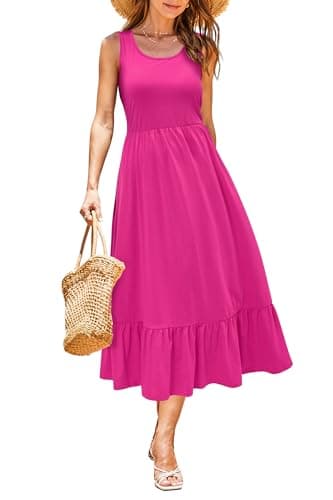 STYLEWORD Women's 2026 Casual Summer Tank Dress Crewneck High Waist Beach Sundress Midi Dresses with Pockets(Hot Pink,L) - Image 1