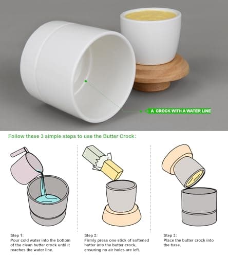 French Butter Dish with Lid for Countertop,Samseel Butter Crock with Water Line and Wooden Lid,Butter Keeper for Spreadable,Bright White - Thumbnail 4