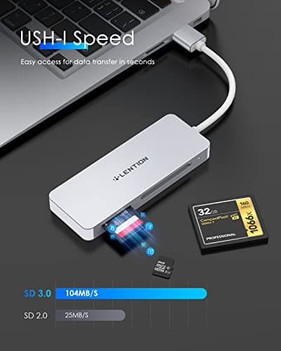 LENTION USB 3.0 to CF/SD/Micro SD Card Reader for Computer Memory Card Reader SD Card Adapter for SD/SDXC/SDHC/MMC/Micro SDXC/TF/Micro SDHC, Surface Pro, Chrombook, Laptop, PC, and More (Silver) - Thumbnail 4