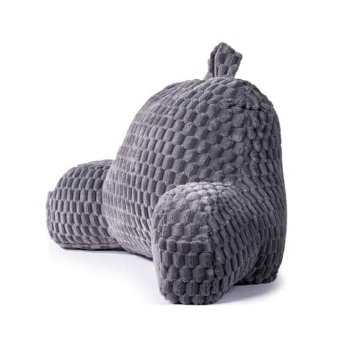 GRASS BROOK Faux Fur Reading Pillow with Pocket & Handle for Sitting in Bed, Ergonomic Back Support Bed Pillow for Lounging, Study & Relaxing, Gray 15.5 inches - Image 1