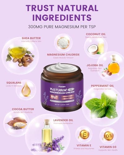 Fioraen Magnesium Lotion for Sleep, Magnesium Cream(300mg/tsp) for Muscle Relief, Magnesium Butter for Deep Hydration with Lavender Oil, Shea Butter, Vitamins E & D3, Gentle for Kid - Thumbnail 3