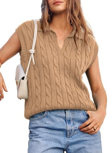 Dokotoo Womens Vest Womens Tops V Neck Lapel Collar Cable Knit Women Vest Cable Knit Summer Sweaters for Women Khaki XX Large - Image 1