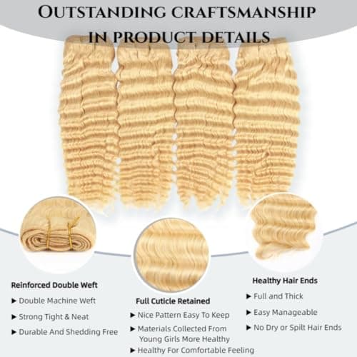 613 Blonde Deep Wave Human Hair 3 Bundles 16 18 20 Inch 100% Unprocessed Brazilian Virgin Curly Hair 12A Grade Human Hair Bundles - Thumbnail 2