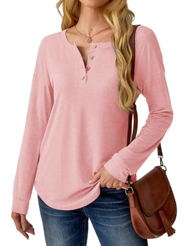 GKBK Womens Henley Tops Long Sleeve Shirts Button Pullover Loose Fit Henley Neck Lightweight Tunic Blouse Pink M - Thumbnail 2