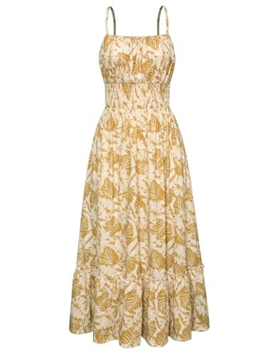 Women's 2025 Summer Floral Boho Dress Square Neck Strapped Swing A Line Beach Long Maxi Dress with Pockets Yellow Leaves L - Image 1