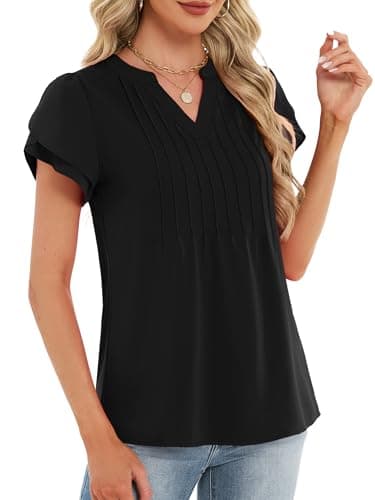 Funlingo Blouses for Women Dressy Casual Ruffle Short Sleeve Black Tops Spring Trendy V Neck Tunic Work Shirt for Business Office 2XL - Thumbnail 3