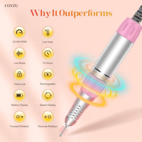 COYZU Electric Nail Drill Professional, 35000RPM Nail File Machine with Bits Set & Fast Cooling, Portable for Acrylic Gel Nail Polishing Removing, Manicure Pedicure at Salon & Home Use, Gift for Women - Thumbnail 2