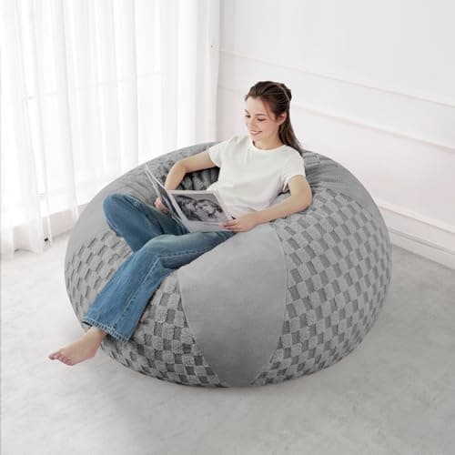 HABUTWAY 4FT Bean Bag Chair Teardrop Beanbag Chair with Memory Foam Filled Soft Plush Leaf alongside Checkboard Bean Bag Sofa with Removable Cover for Living Room,Bedroom-Plush Light Grey - Thumbnail 5