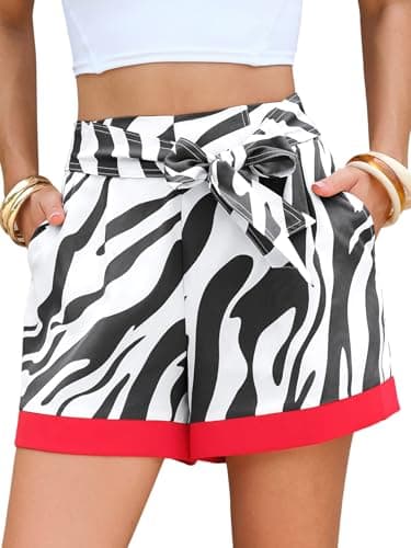 EXLURA Womens High Waist Boho Shorts Zebra Print Color Block Tie Knot Summer Beach Vacation Flowy Shorts with Pockets 2026 Black - Image 1