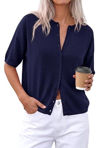 PRETTYGARDEN Women Spring Short Sleeve Cardigan Sweaters Button Down Knit Shirt Blouse Dressy Casual Tops 2026 Summer Outfits (Navy Blue,Small) - Image 1