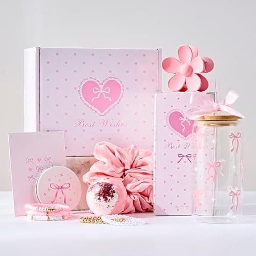 LANGASQUE Birthday Gifts for Women Teen Girls, Happy Birthday Gift Baskets for Women, Coquette Pink Bow Glass Cup Gift Box Set, Chrismas Gifts for Daughter Sister Wife Girlfriend Mom - Image 1