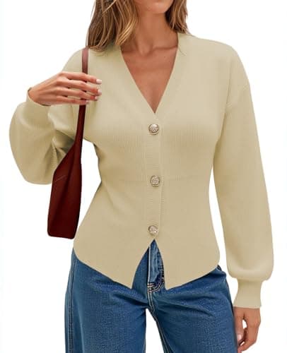 ECOWISH Cardigan Sweaters for Women 2025 Fall Long Sleeve V Neck Button Down Cropped Sweater Winter Ribbed Knit Outwear 475 Beige XL - Image 1