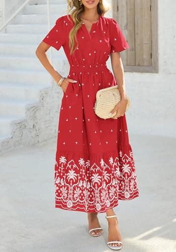 BTFBM Womens Summer Dresses 2026 Casual Short Sleeve Elastic Waist Flowy Beach Vacation Floral Boho Maxi Dress Pockets (Red White Flower, Medium) - Thumbnail 4
