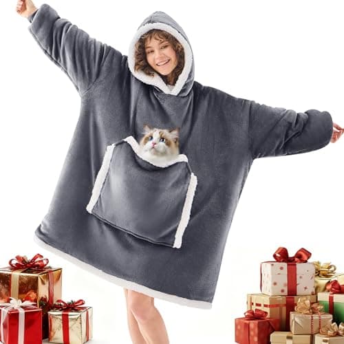 JOYWOO Small Wearable Blanket Hoodie,Oversized Cat Lovers Sweatshirt Blanket for Adult & Teens,Birthday Valentines Day Gifts for Teen Girls Boys Women 8-12,Cozy Sherpa Blanket Giant Pocket Gifts,Grey - Image 1