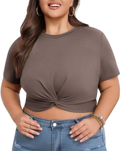 Lastshe Women's Plus Size Summer Crop Tops Short Sleeve Blouses Tie Front Tee T-Shirt Outfits,Brown,1X - Thumbnail 5