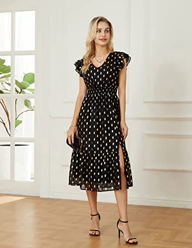 GRACE KARIN 2026 Womens Summer Dresses V Neck Ruffle Sleeve Floral Boho Beach A-Line Dress Black-Polka Dot XX-Large - Thumbnail 2
