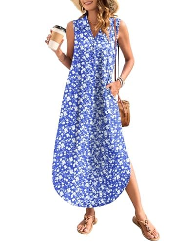 WNEEDU Summer Dresses for Women 2026 Casual V-Neck Sleeveless Long Dress Split Maxi Beach Sundresses Travel Vacation Outfits,Floral Blue White M - Image 1