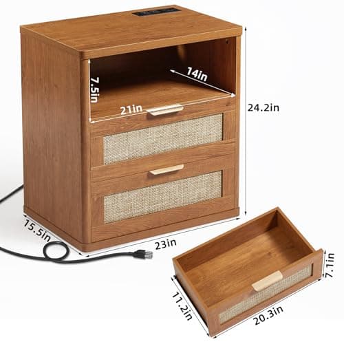 LEYAOYAO Rattan Nightstands Set of 2 with Charger Station, 23" Wide Boho Night Stand with 2 Drawers, Natural Wood Bedside Table Open Shlef, Bed Side End Table Dresser for Bedroom, Living Room Hallway - Thumbnail 3