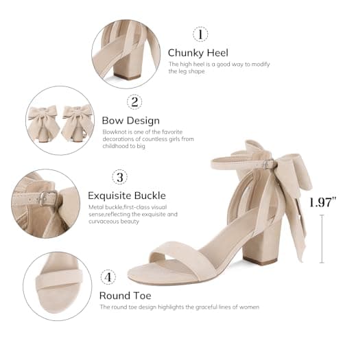 Yremael Women's Heeled Sandals Apricot Bow Round Open Toe Buckle Chunky Block Heel Comfortable Wedding Dress Shoes - Thumbnail 4