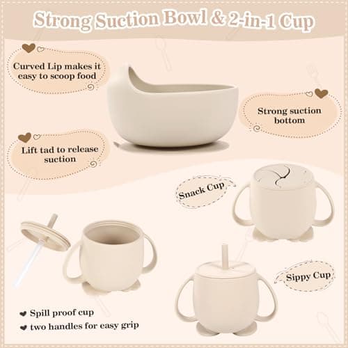 Silicone Baby Feeding Set 10 Pcs Baby Led Weaning Supplies Suction Bowl Divided Plate Baby Bibs Fruit Feeder Baby Spoons Forks Sippy Cup Toddler Utensil Sets Baby Essentials for Newborn Gift - Thumbnail 5