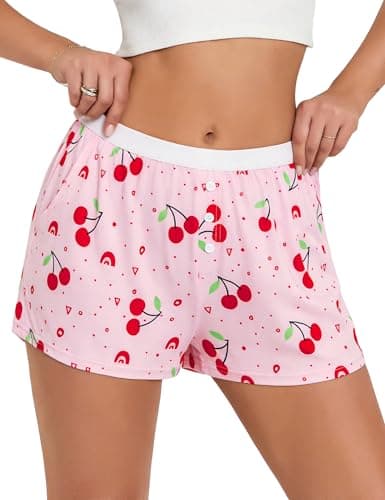 Frcdaunrs Lightweight Summer Pajama Shorts Women Elastic Waist Pj Shorts Cute Sleep Boxer Bottoms with Button Cherry Print - Image 1