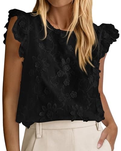 KIRUNDO Summer Tops for Women 2026 Ruffle Cap Sleeve Lace Embroidered Floral Boho Shirts Dressy Casual Blouses Cruise Outfits(Black, Small) - Image 1