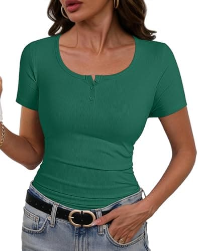 Short Sleeve Tops for Women Henley T Shirts Stretchy Ribbed Summer Tops Ribbed Knit Fitted Basic Slim Fitted Casual Top T-Shirt 2026 Green M - Image 1