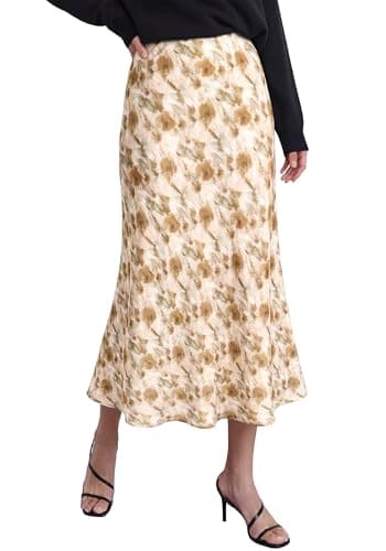 BTFBM Satin Skirts for Women Trendy Spring Summer 2026 High Waisted Leopard Print Cocktail Wedding Long Silk Midi Skirt(Floral Apricot Brown, Large) - Image 1