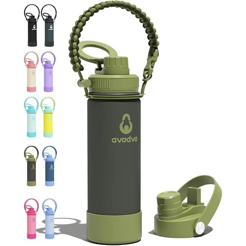 avodvo 18 oz Insulated Water Bottle with 2 Lids (2-in-1 Straw & Spout Lid, Magnetic Lid), Slim Water Bottle with Strap, Stainless Steel Water Bottle for School, PA-Free, Army Green - Image 1
