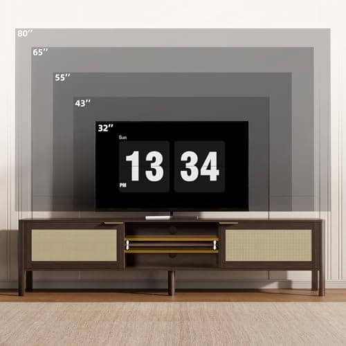 IKALIFE Rattan TV Stand for Living Room - Fits up to 80 Inch TVs, Rattan Media Console Table with Adjustable Shelves & 2 Storage Cabinets, Mid-Century Modern Entertainment Center, Walnut 71" - Thumbnail 3