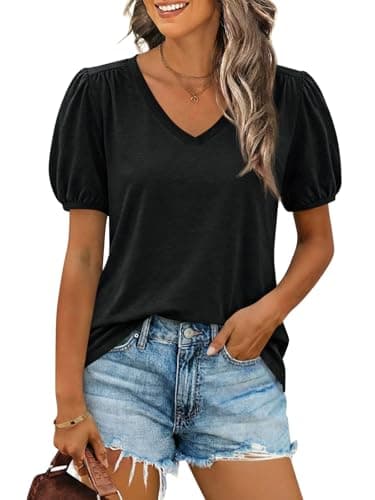 Cicy Bell Womens Puff Short Sleeve T-Shirts V Neck Summer Casual Pleated Tops Loose Fit Curved Hem Tees Black - Image 1