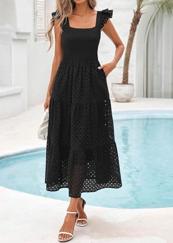 Lazysmile Womens Summer Maxi Dress Square Neck Ruffle Cap Sleeve Hollow Out Eyelet Smocked Tiered A Line Boho Sundress Black - Thumbnail 4