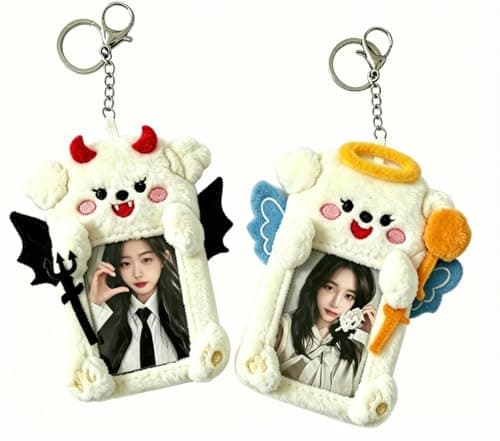 DegoCython Photocard Holder, 2 Pack Angel & Devil Puppy Pair, Plush Photo Card Keychain, Clear Protective Sleeve, 3 Inch Size, Dual Hanging Clasps for Kpop Fans Backpack Charm Gift Concert