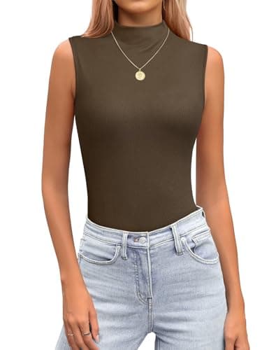 JUSTFASHIONNOW Mock Turtleneck Sleeveless Tops Stretchy Relax Fit Casual 2026 Summer Layer Tank Top(Brown XX-Large) - Image 1