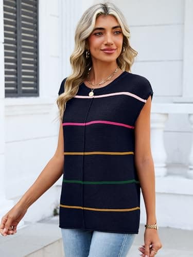 Bellcoco Womens Cap Sleeve Summer Tops Striped Sweater Vest Lightweight Casual Crewneck Loose Knit Pullover Tank Top Beach Vacation Outfits Navy Blue L - Thumbnail 3