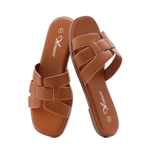 Athlefit Brown Sandals Women Dressy Summer Flat Sandals Square Open Toe Slip On Leather Slide Sandals Size 10 - Thumbnail 6