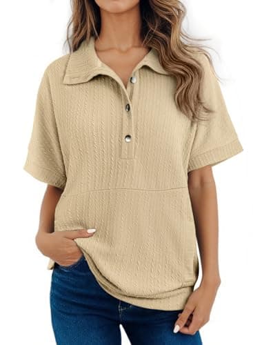 Dokotoo Womens Summer Tops Button Down Short Sleeve Shirts for Women V Neck Casual Solid Shirt Ladies Tops and Blouses Tunics or Tops to Wear with Leggings Women's Clothing Apricot Blouses for Women S - Image 1