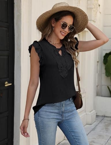 CiCiBird Boho Tops for Women Dressy Casual V Neck Blouses Summer Ruffle Short Sleeve Shirts Black Medium - Thumbnail 5