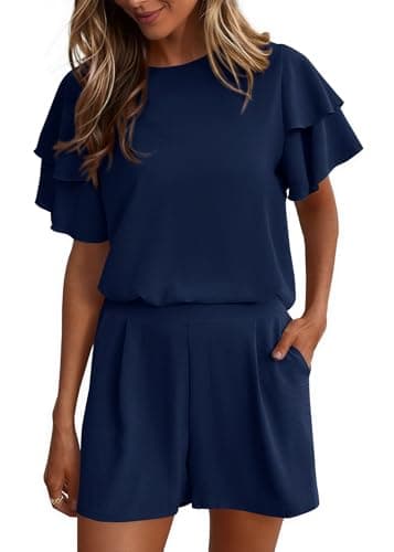 KIRUNDO Two Piece Sets For Women Summer Casual Loose Ruffle Short Sleeve Matching Shorts Sets Beach Vacation Cruise Outfits(Navy, Large) - Image 1