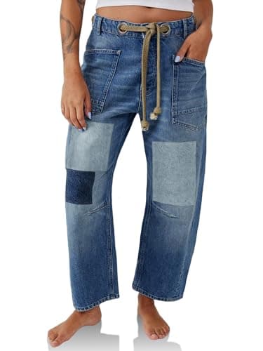 PLNOTME Womens Baggy Barrel Horseshoe Jeans Wide Leg Patchwork Low Rise Denim Pants with Pockets Blue - Image 1