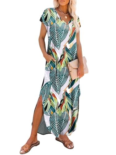 RUMIA Summer Casual Maxi Dresses for Women- Women's V Neck Cap Sleeve Long Sundress with Pockets Beach Vacation - Image 1