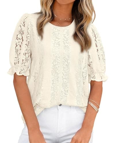 KIRUNDO Lace Tops for Women Trendy 2026 Summer Work Blouse Casual Crewneck Hollow Out Short Sleeve Shirts Beach Vacation(Beige, Large) - Image 1
