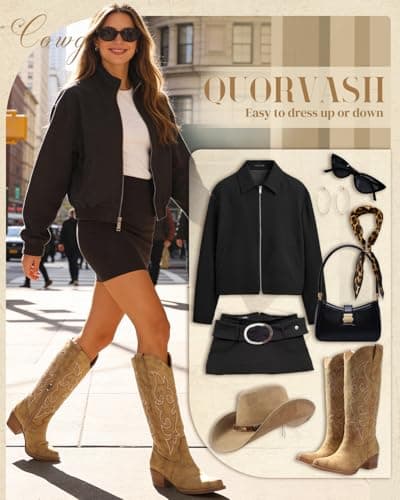 Quorvash Women's Wide Calf Cowboy Boots - Snip Toe Western Cowgirl Boots, Faux Leather Chunky Knee High Boots for Country Concerts & Nashville Outfits Tan Size 10 - Thumbnail 4