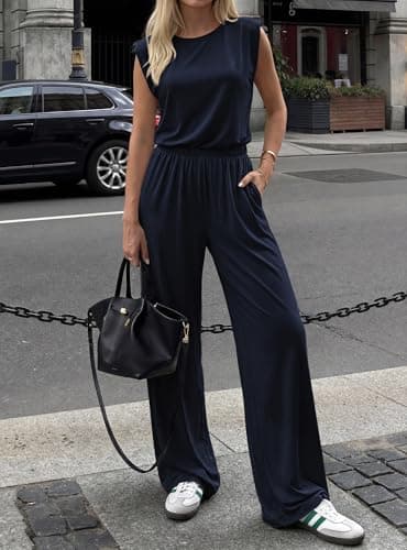 BTFBM 2 Piece Sets for Women Spring 2026 Casual Shoulder Pad Tank Top Wide Leg Pants Matching Set Travel Airport Outfits(Navy Blue, Medium) - Thumbnail 2