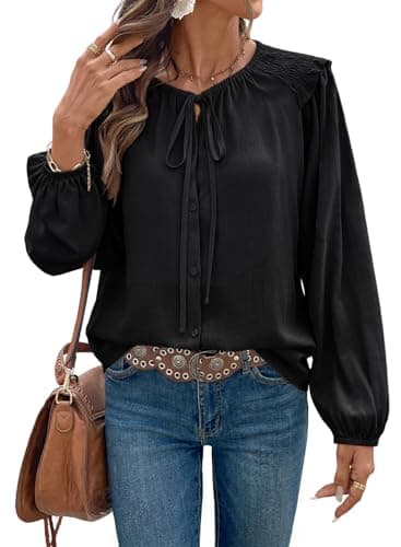 Dokotoo Women Blouses Fashion Summer Ruffle Round Neck Button Down Shirts Work Tops for Women Trendy Smocked Boho Tops Elegant School Outfits for Teachers Women's Clothing Black Medium - Image 1