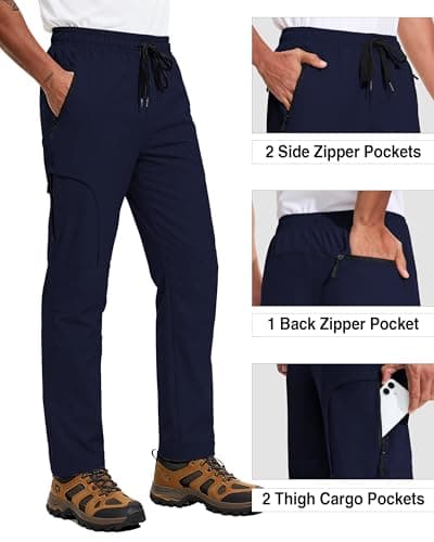Mens Hiking Pants 5 Pockets Water Resistant Quick Dry Lightweight UPF 50+ Cargo Elastic Waist Drawstring Cuff Work Casual Golf Athletic Travel Jogging Navy Blue L - Thumbnail 5